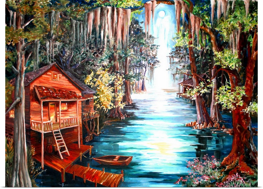 Painted landscape of a secluded cabin in the Louisiana swamp.