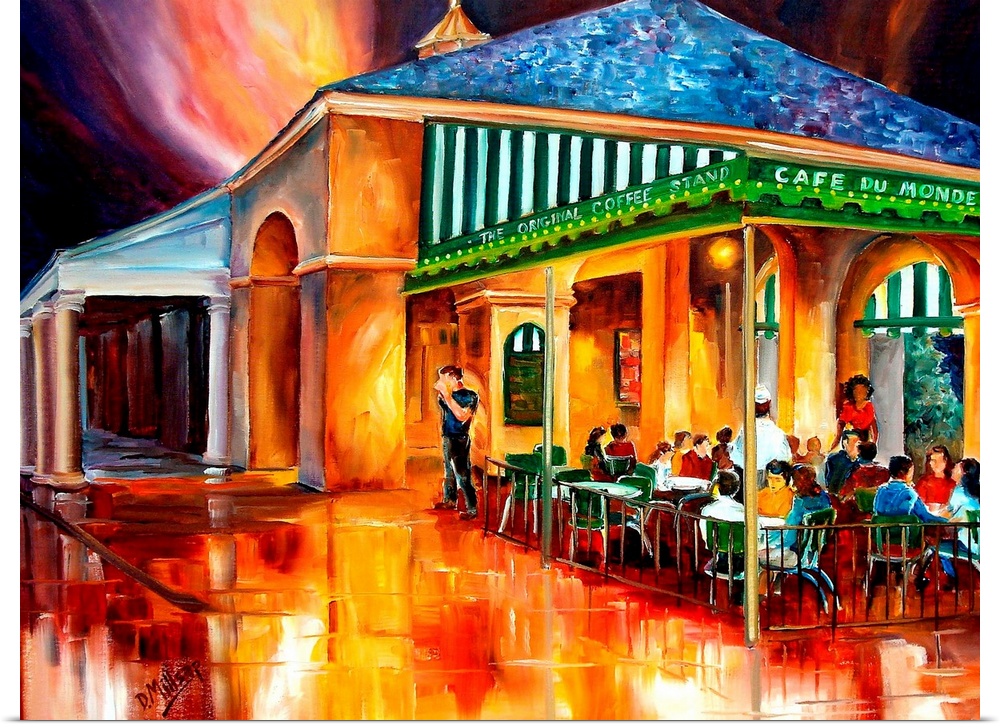 Large painting on canvas of a warm toned cafo with people sitting outside conversing and eating.