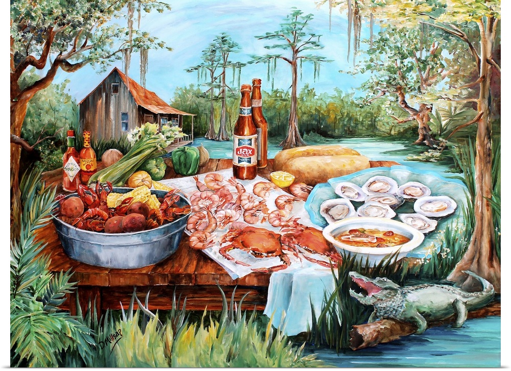 A contemporary painting of a cajun meal of seafood and beer next to an alligator and house on a bayou in the background.