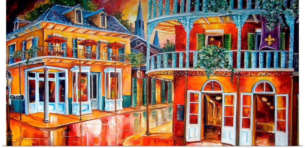 Oversized landscape painting of a city street intersection in New Orleans.  Two large, historic buildings, each on a stree...