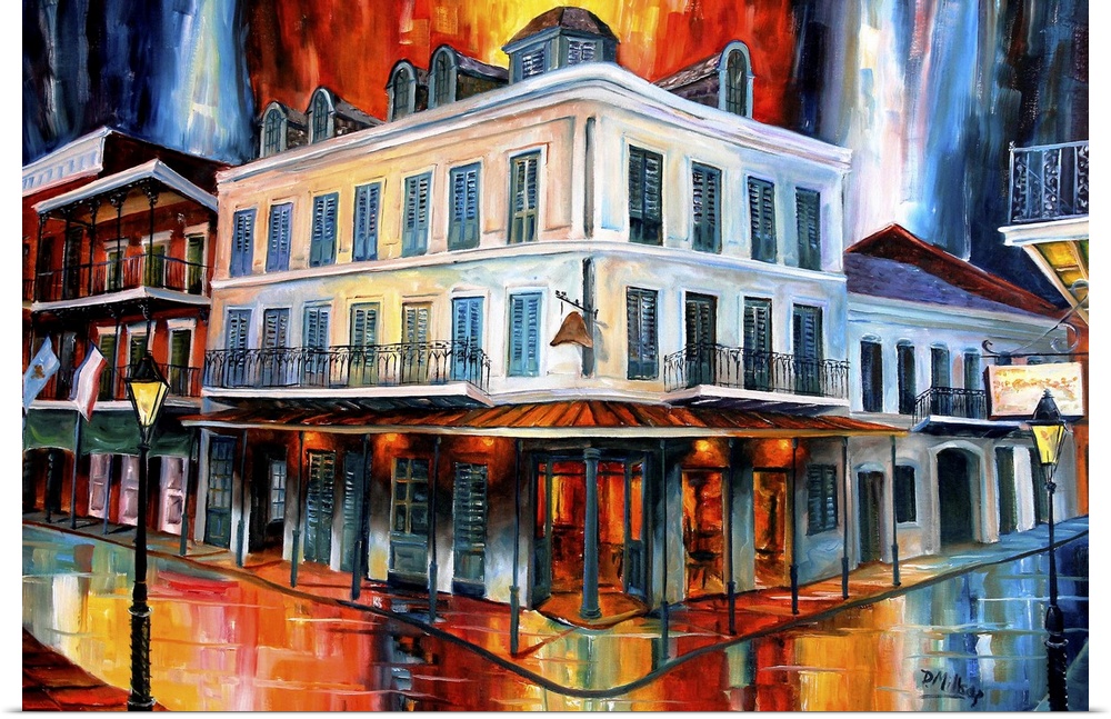 Vibrant contemporary painting of iconic landmarks in New Orleans in bright colors.