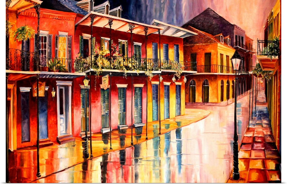 Contemporary art painting of an empty street in the French Quarter, New Orleans with the buildings reflecting off of the w...