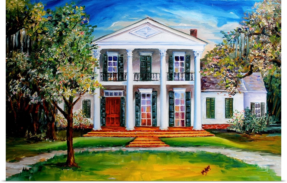 Contemporary painting of a large estate home with columns and classic architecture in New Orleans, Louisiana.