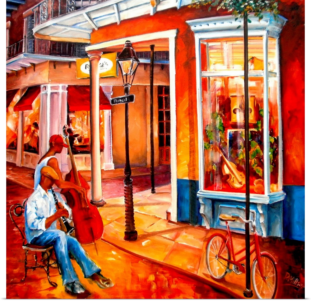 Contemporary painting of man playing clarinet and man playing bass outside a street cafo at night.  The street shops have ...