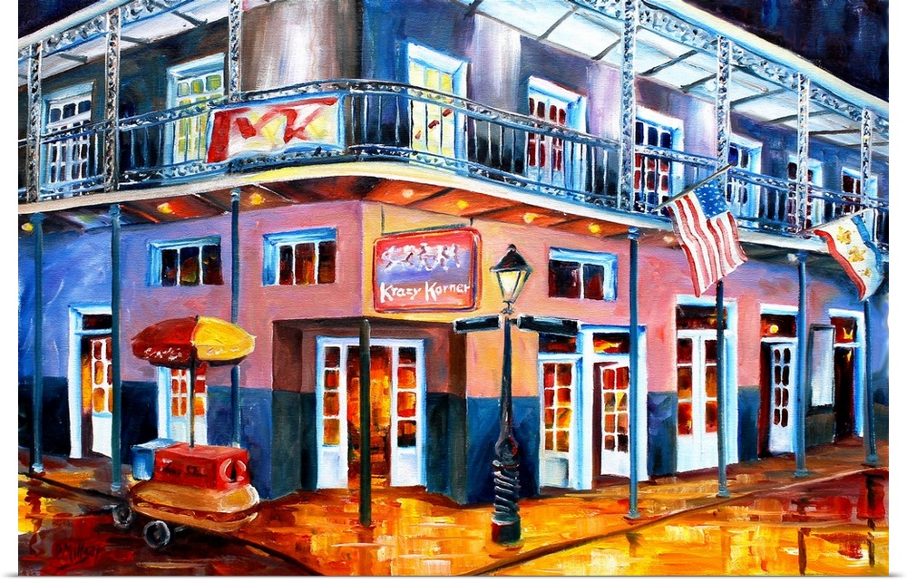 Contemporary painting of a corner on Bourbon Street in New Orleans, LA.