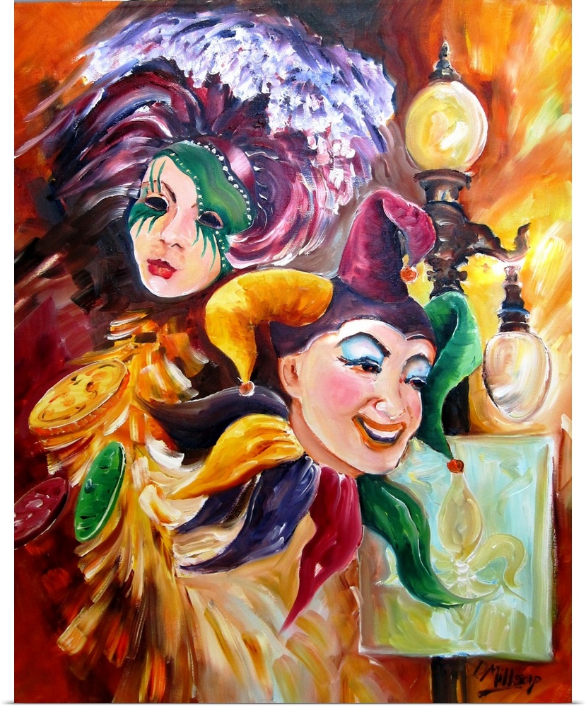 Large painting on canvas of a jester with a mask and big lamp post behind him.