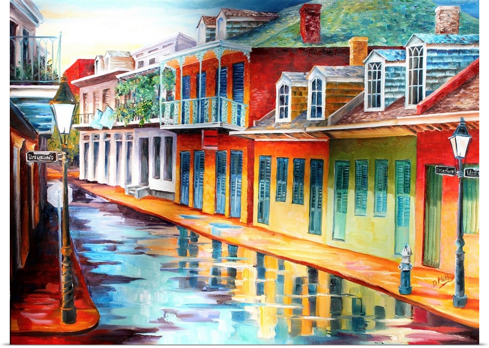 Painting of a wet streetscape on Chartres Street in New Orleans, LA.