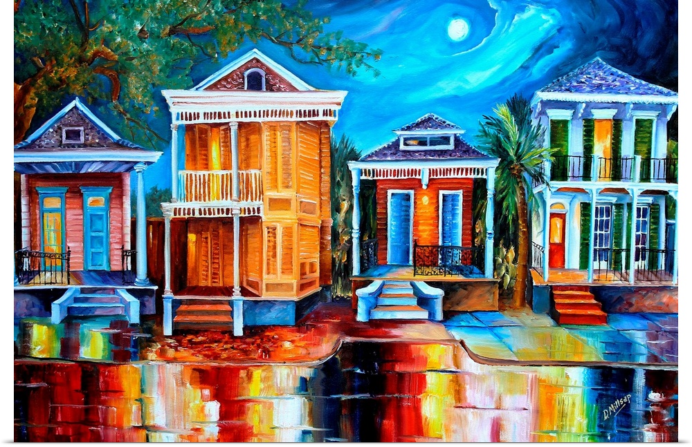 This contemporary nighttime scene features a row of historic shotgun houses in New Orleans. The bright colors of the house...