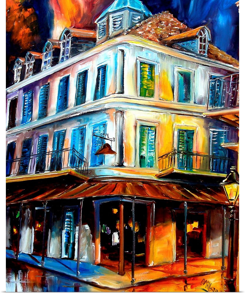 Painting of building on street corner with two story balcony under a dark stormy sky.