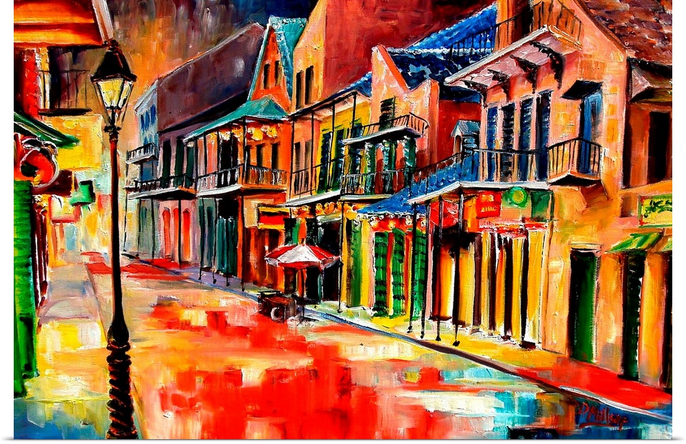 Huge contemporary art shows the vibrantly colored buildings lit up on a quiet street in Louisiana at night.