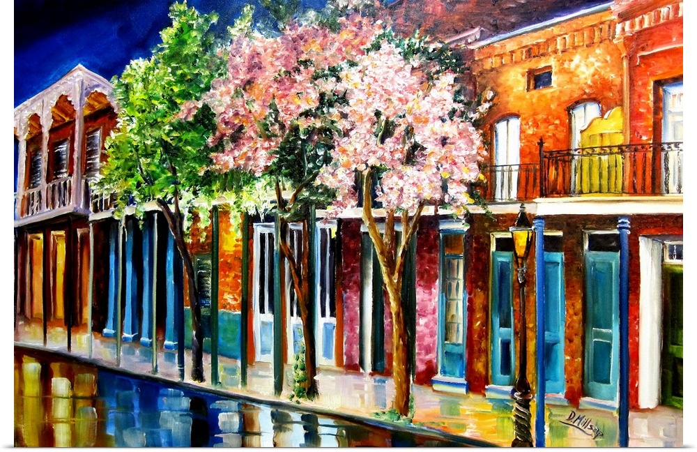 Contemporary painting of flowering trees along a street in New Orleans, Louisiana.