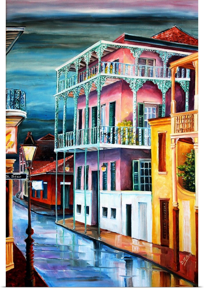 Contemporary painting of old Dauphine street in New Orleans at night illuminated in vibrant colors.