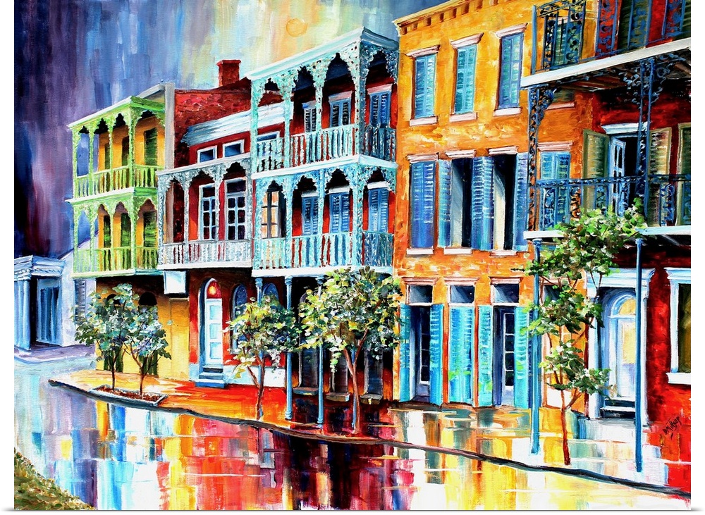 Contemporary painting of New Orleans at night illuminated in vibrant colors.
