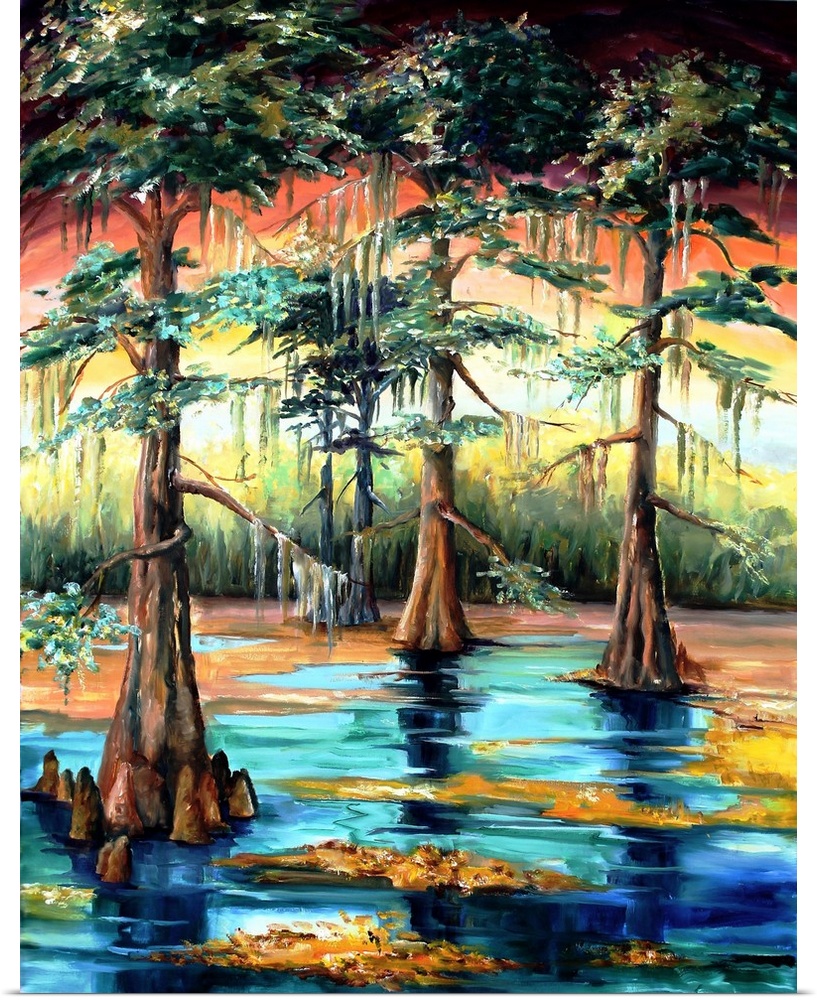 Beautiful landscape painting of a Louisiana swap with Cypress trees.