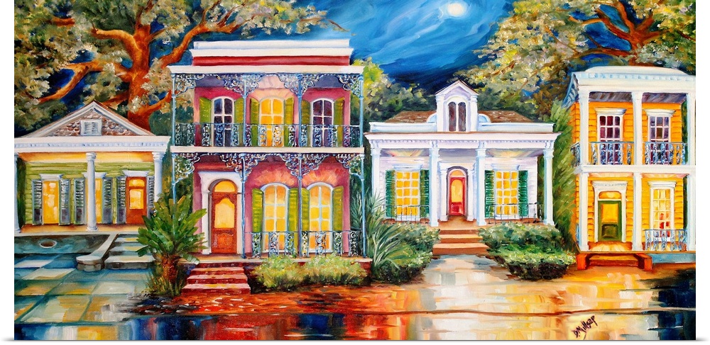 Vibrant painting of a row of home facades in New Orleans, LA.