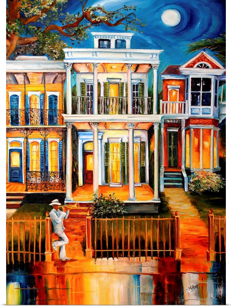 A colorful work of art that shows three houses lining a street in New Orleans with a trumpet player leaning on the fence i...