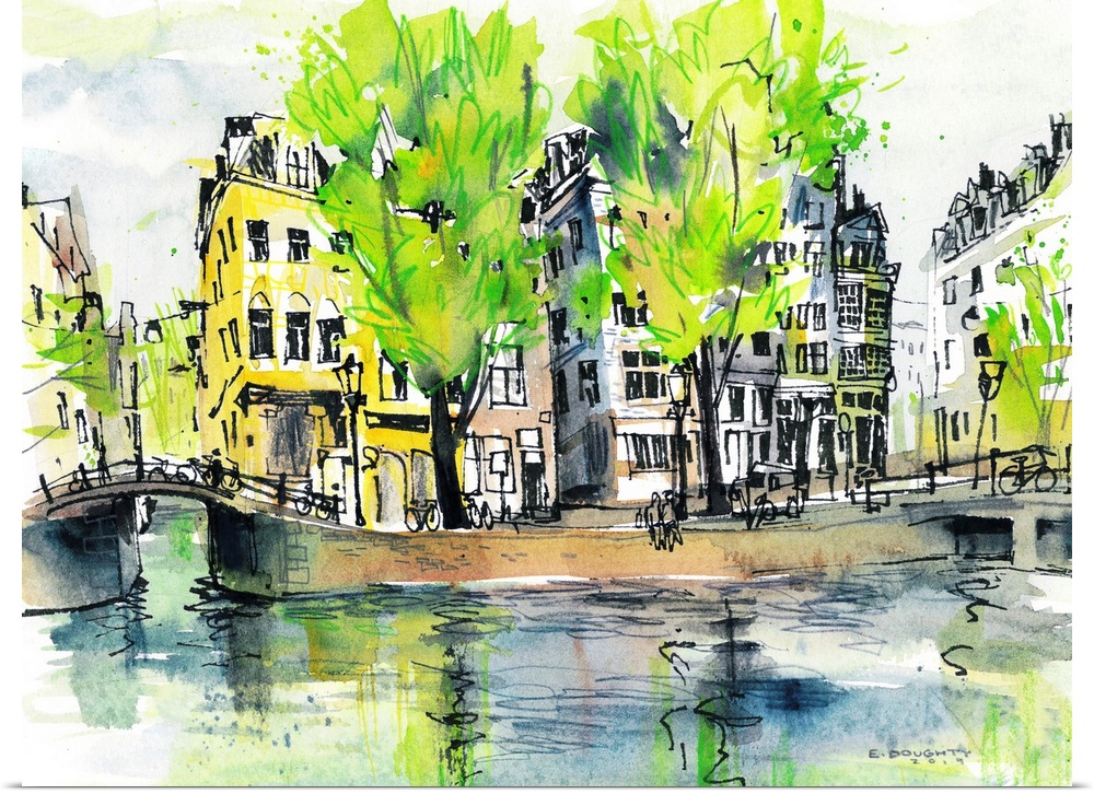 Watercolor painting of a typical corner in Amsterdam - tall trees reflecting in the canal, old buildings leaning precariou...