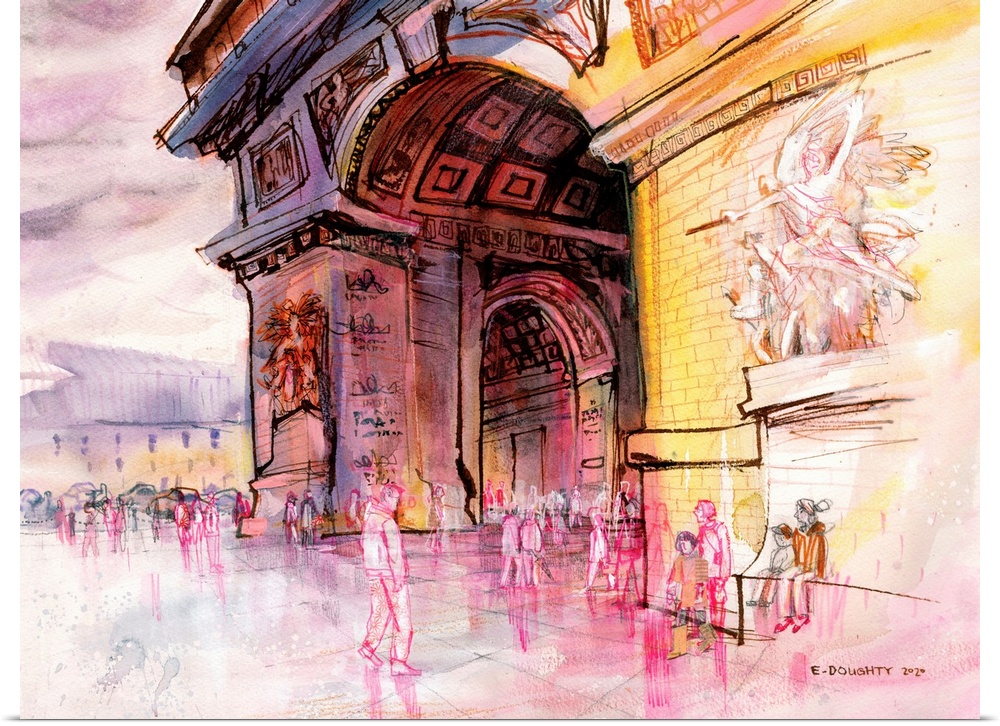 A capture in watercolor and watersoluble marker of the Arc de Triomphe in Paris.