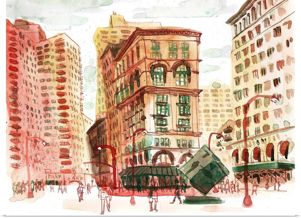 Watercolor illustration of the bustling and historic Astor Place area in Manhattan, New York City. Painted from life on a ...