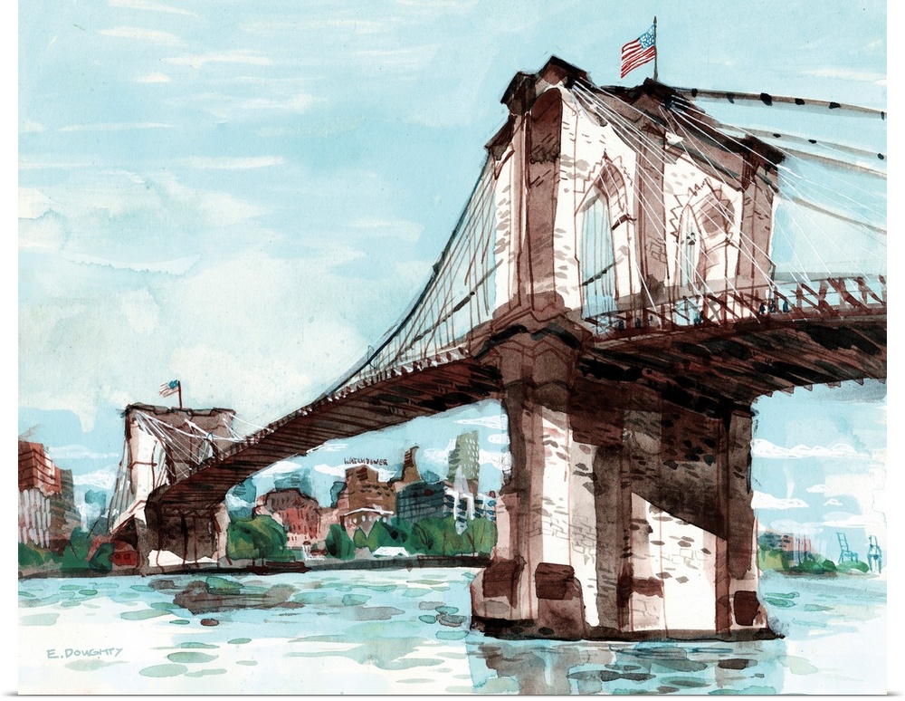 Watercolor artwork of one of Brooklyn's most famous landmarks, the bridge! You can see part of the Brooklyn skyline in thi...
