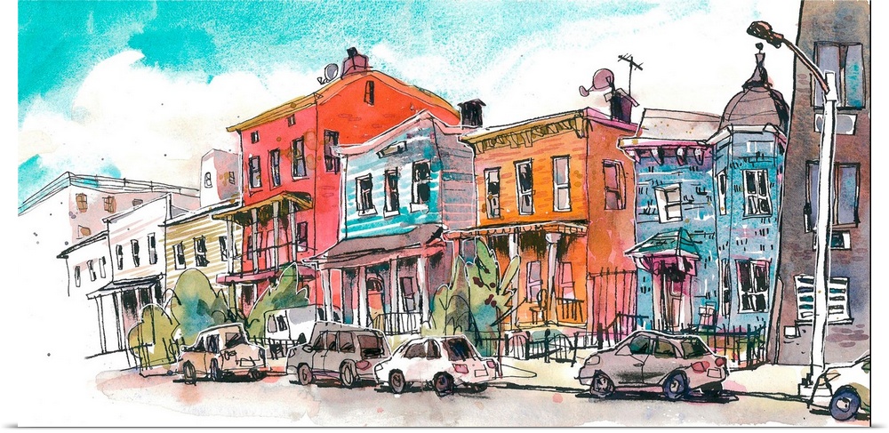 A drawing I made on location (from my friend's front porch on Suydam St.) of a typical block in hip Bushwick, Brooklyn. I ...