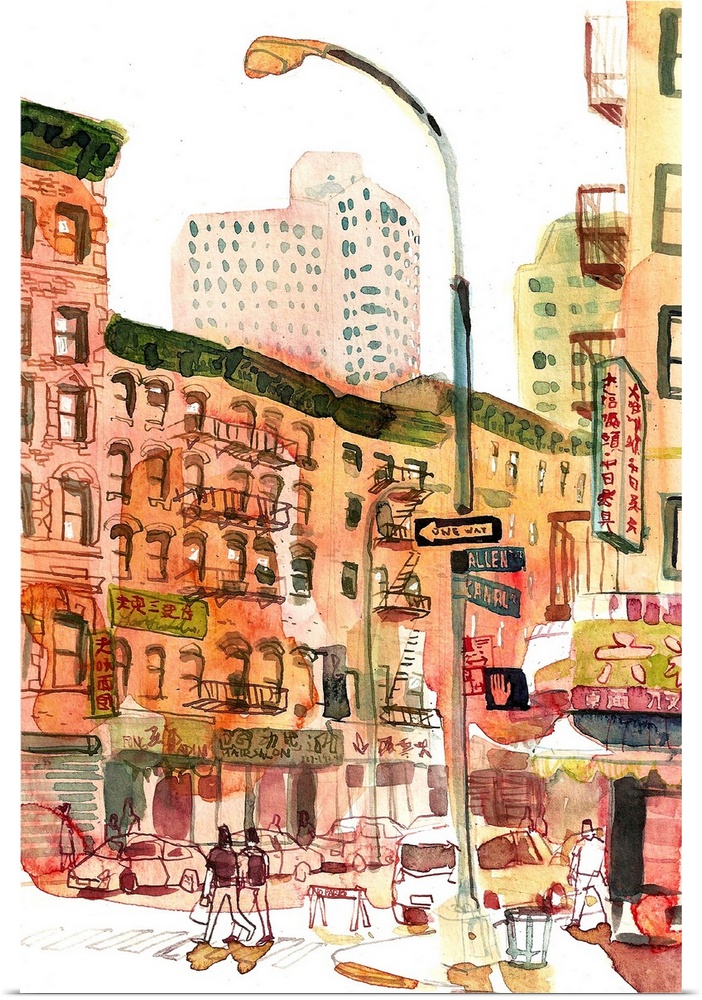 Watercolor illustration of an intersection in NYC's Chinatown (Allen St and Canal) on a hot hot hot summer day. You can fe...