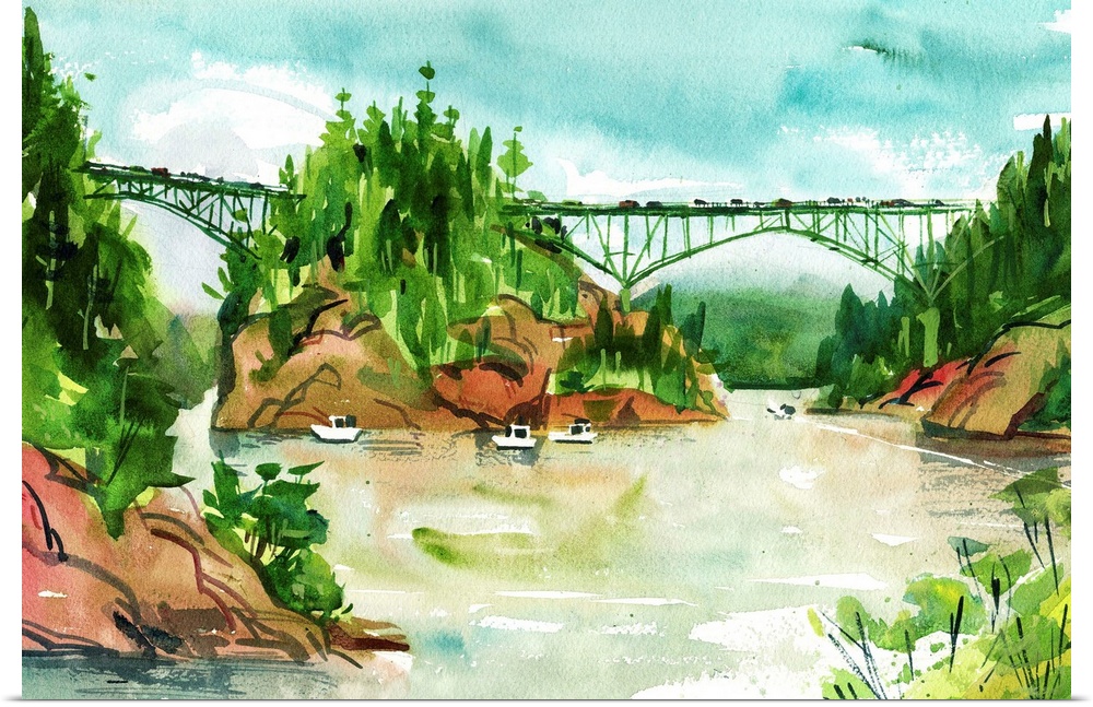 Watercolor interpretation of the famous bridge over Deception Pass in Washington State, crossing the Puget Sound to Whidbe...