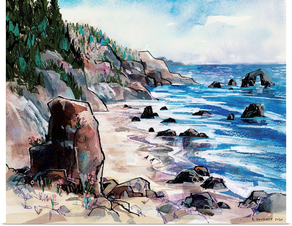 Seaside painting of Ecola State Park in northwestern Oregon. The summer scene features rock formations, waves, typical pac...