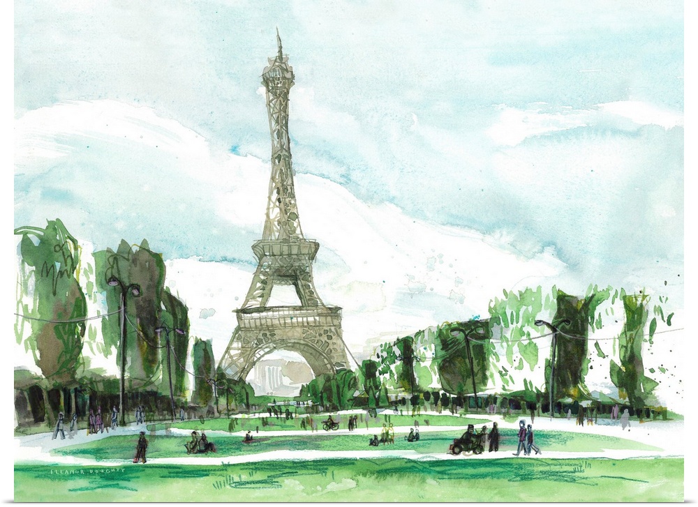 Watercolor painting of the scenery around the famous Eiffel Tower in Paris. The artist was struck by the distinctively squ...