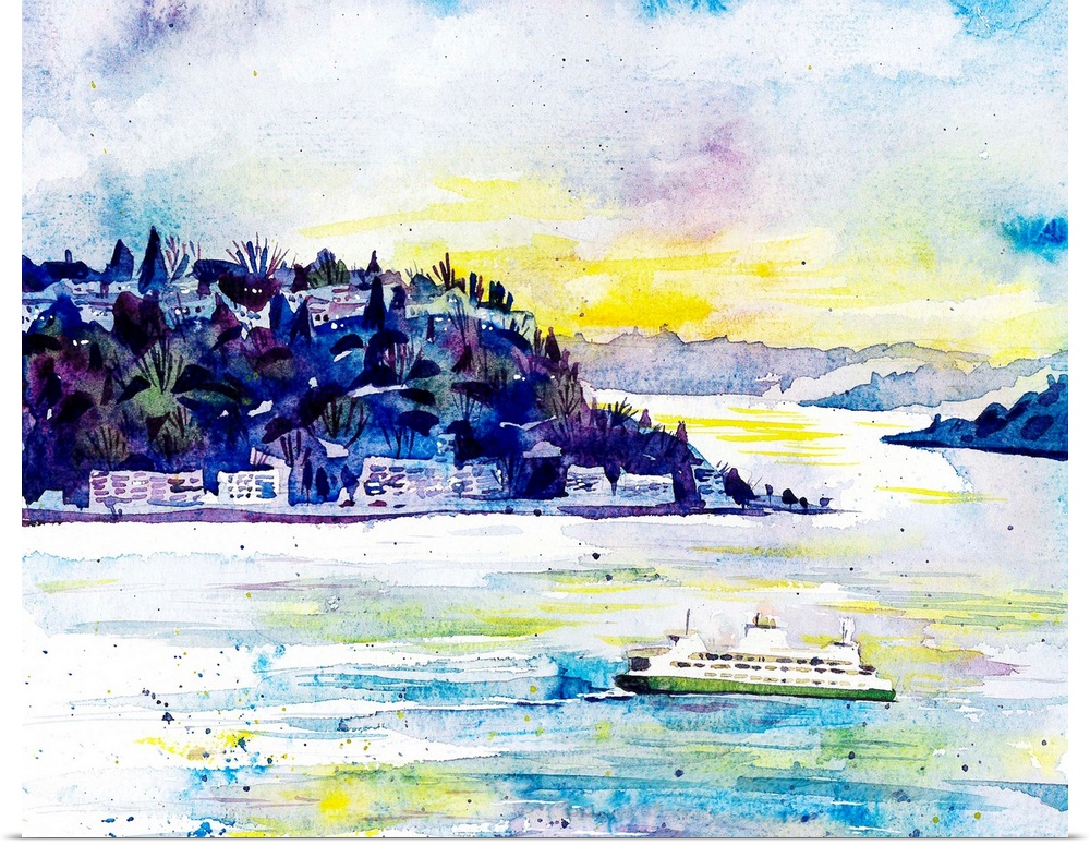 Evening watercolor painting of the ferry crossing the bay from Seattle to Bainbridge Island or Bremerton (or vice versa!),...