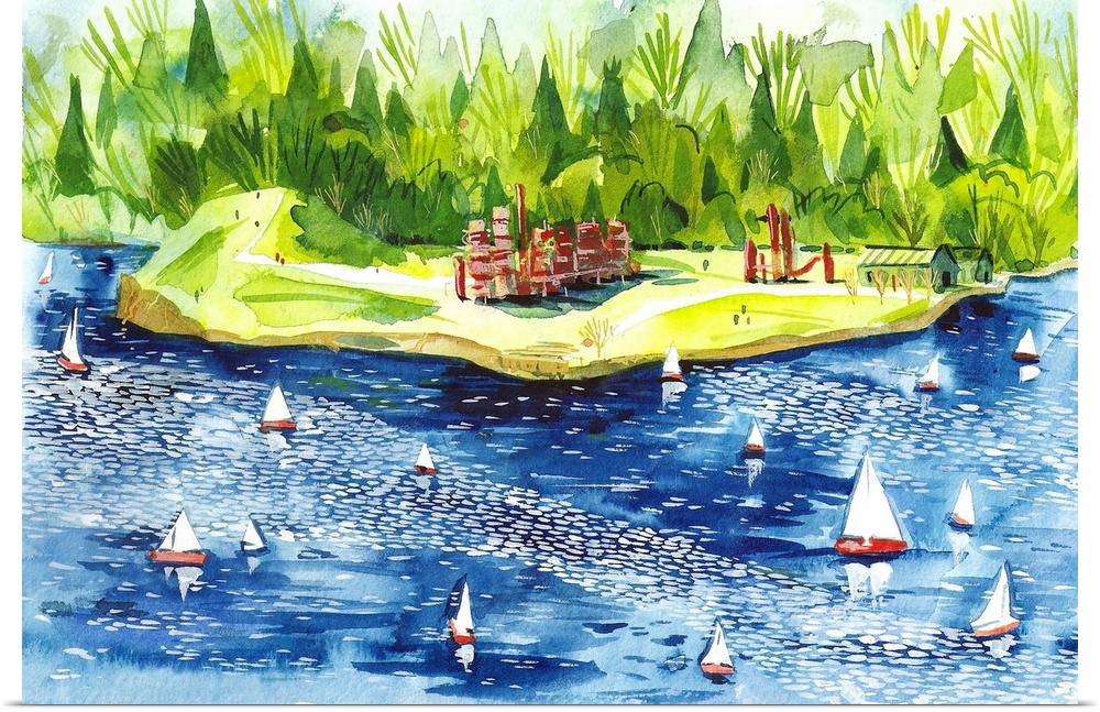 A scene of sailboats racing around the old refinery of the beloved local hangout spot, Gas Works Park. I painted the scene...