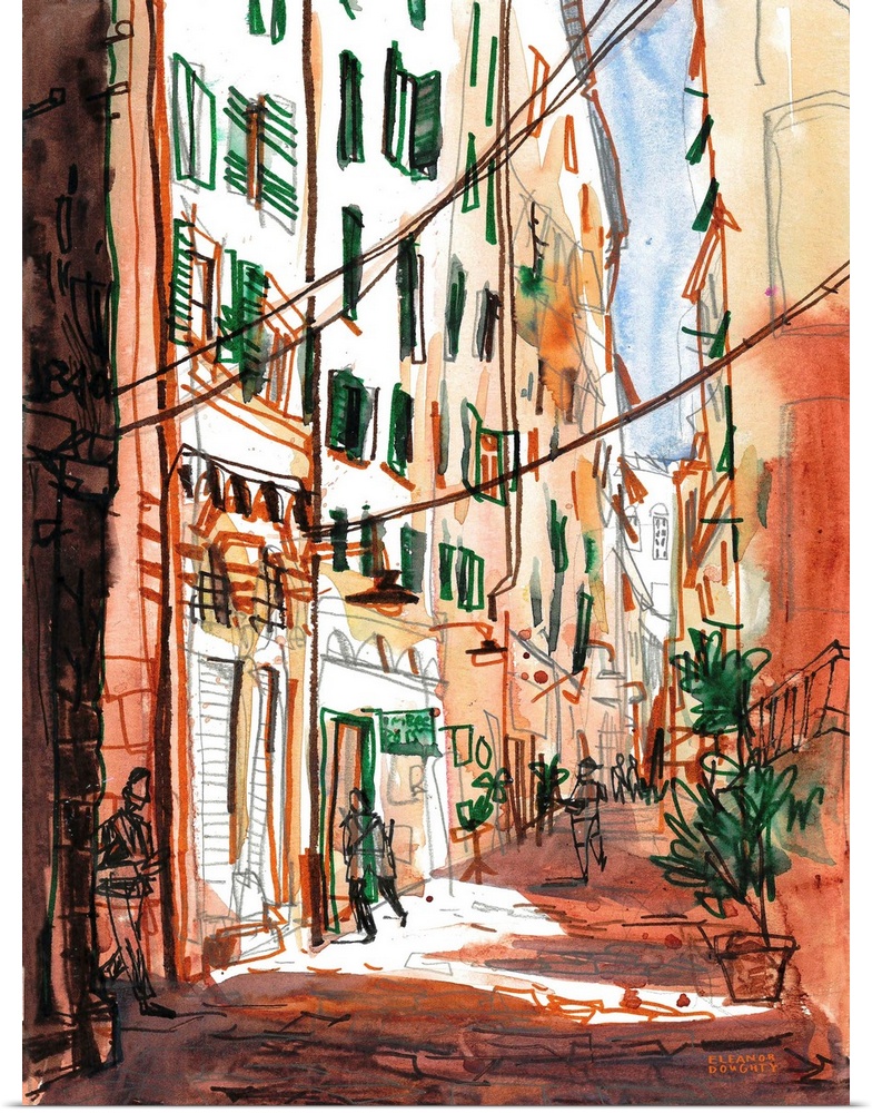 The artist was struck by the sharp shadows hitting the narrow streets in the Genova, which has one of the oldest city cent...