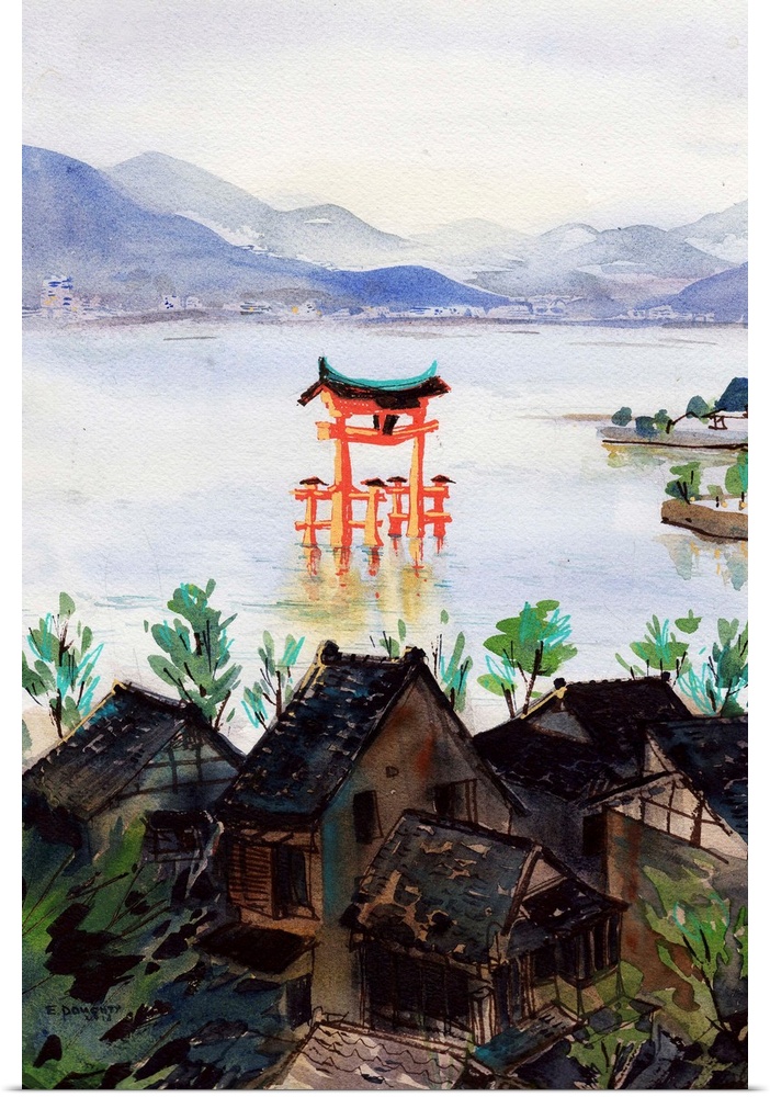 Watercolor and acrylic painting of one of the most famous scenes of Japan, the magnificent vermillion torii which seems to...