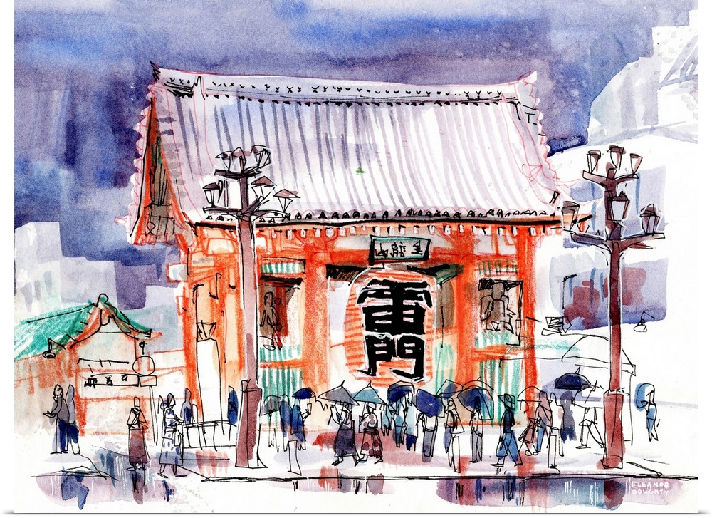Watercolor and mixed media illustration of the famous Kaminarimon "Thunder Gate" entrance to the temple grounds in Asakusa...