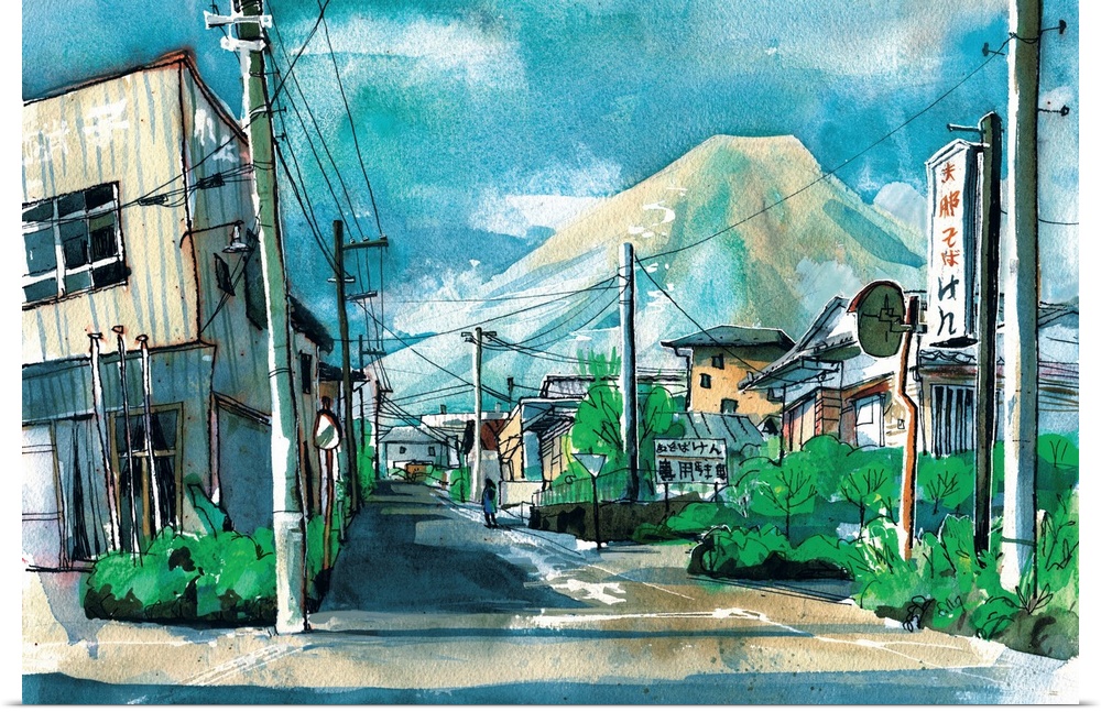 Mt. Fuji shows her famous peak, seen from a quaint area of the town of Kawaguchiko. This scene was painted on location in ...
