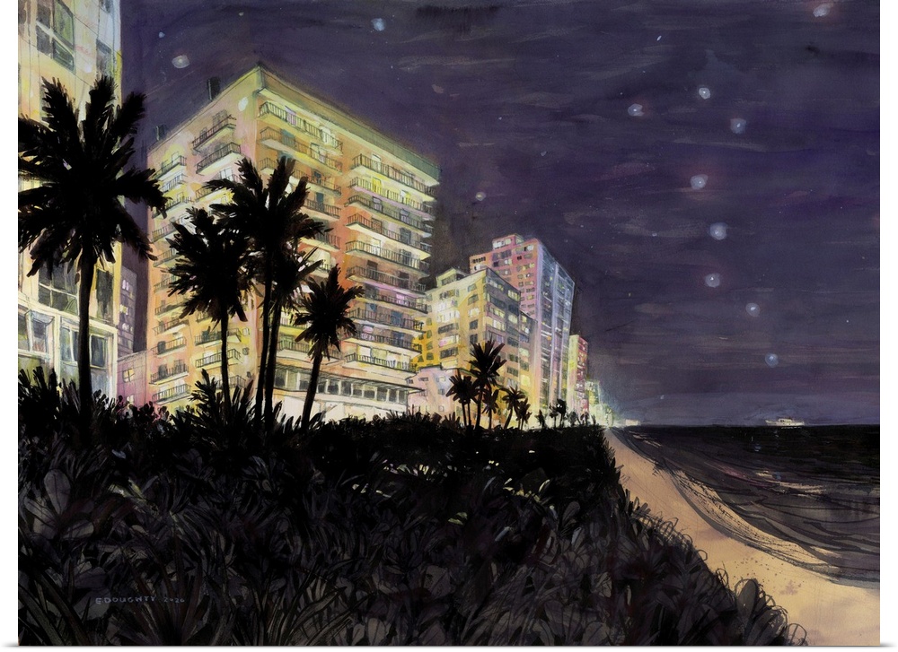 Middle Beach, Miami at night. All the lights are on but is anybody home? Originally painted in watercolor, ink, colored pe...