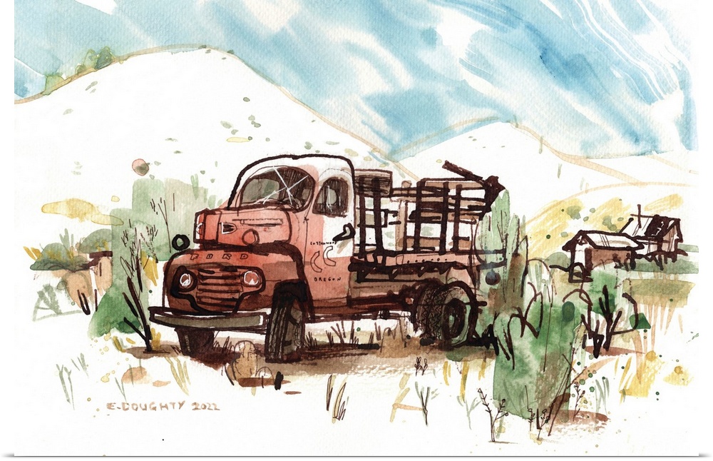 In a lot of places in the U.S., you see rusty old pickup trucks sitting in the landscape. I sketched this one in central O...
