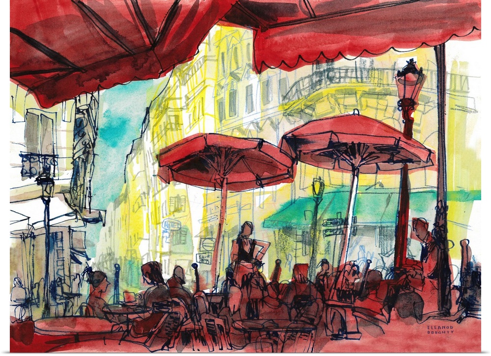 The patrons-eye-view watercolor painting of a typical brasserie cafe in Paris with the distinctive bright red awnings. Thi...