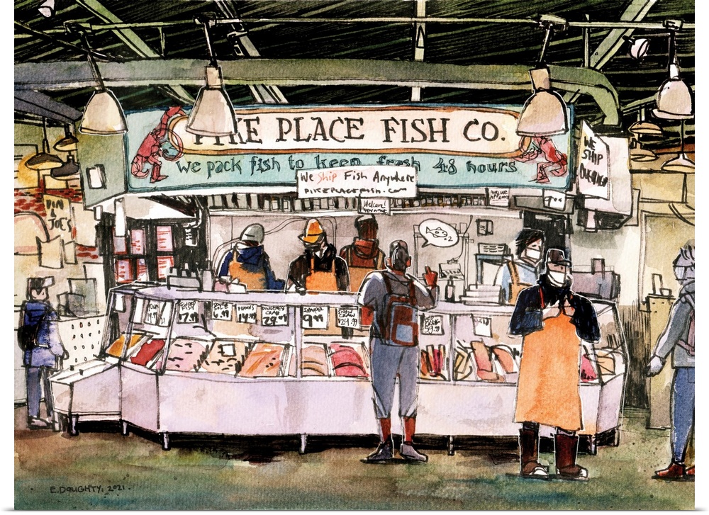 The famous fish throwers of Pike Place Market! On a not-so-busy day, the artist visited the market to see the fish sellers...