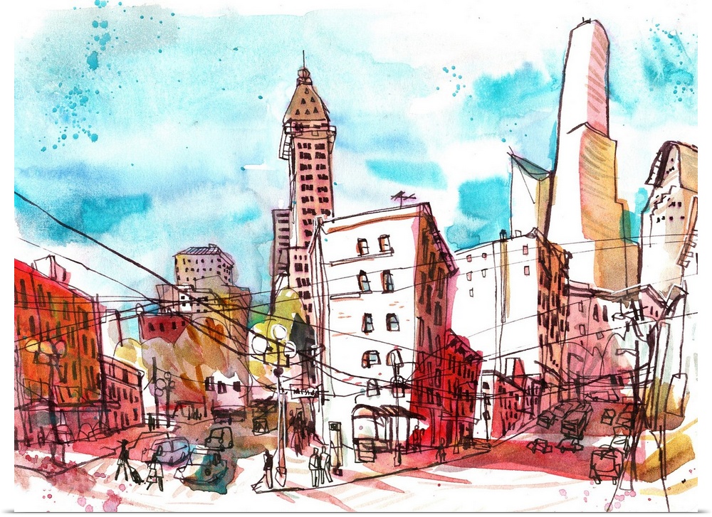 A drawing I made on location looking up 2nd ave from the bottom of the big hill sloping down to Pioneer Square from Downto...