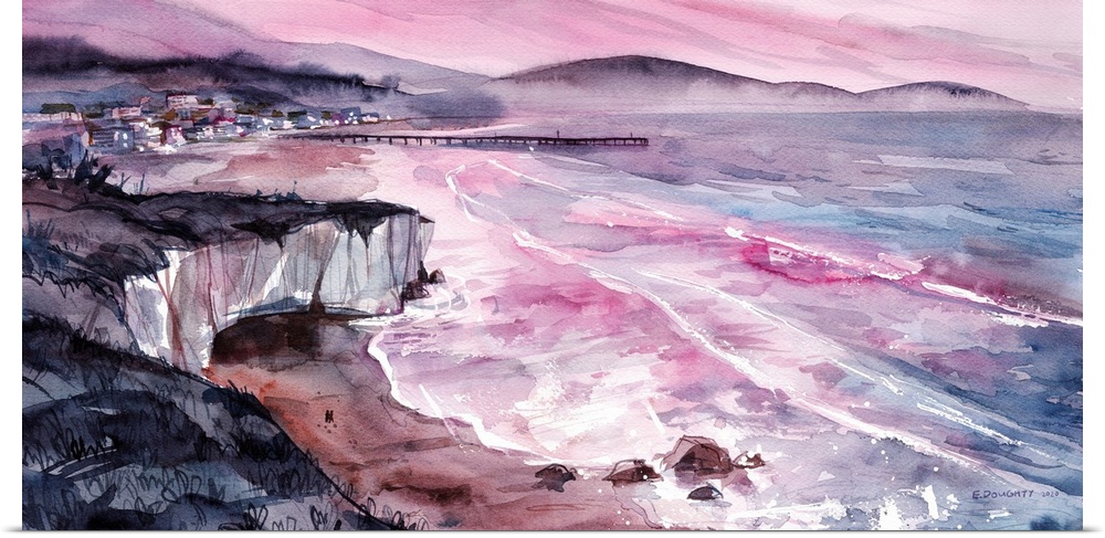 Watercolor artwork of Shell Beach at sunset. It's a place just south of San Luis Obispo town proper, on the bay. You can s...