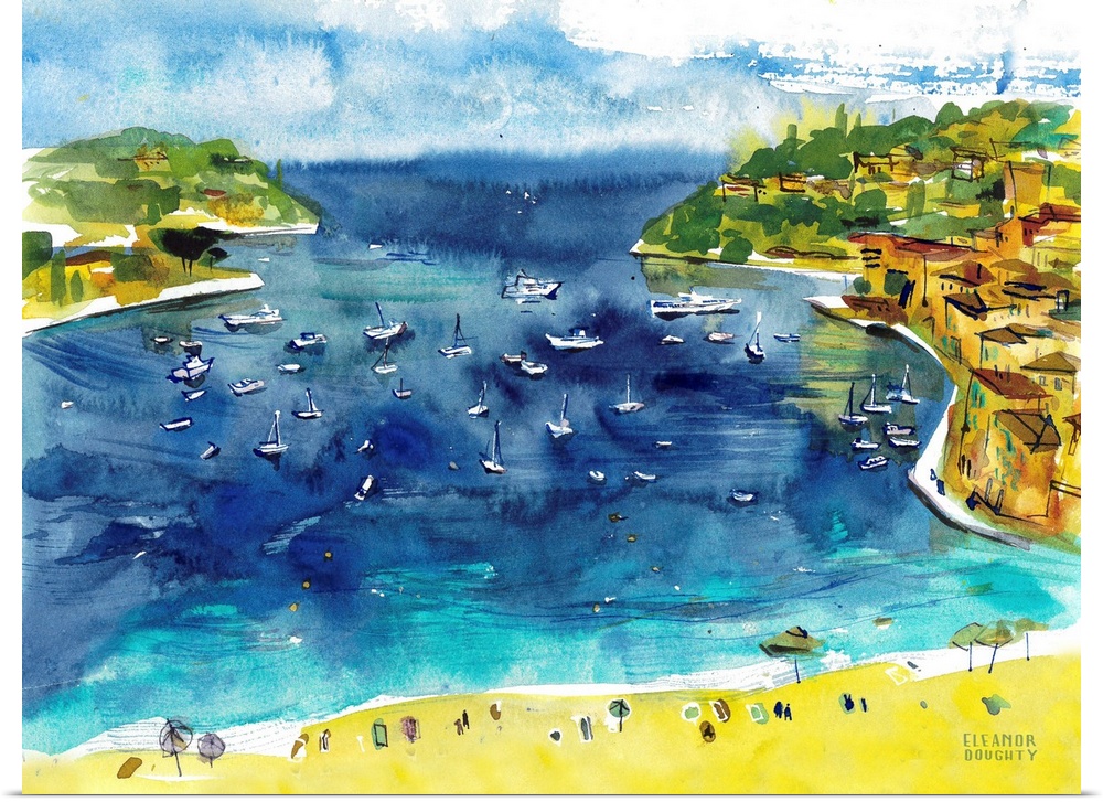 A typical Mediterranean view of teal waters, yachts, and cliffs from around Nice, France. Captured in watercolor from high...