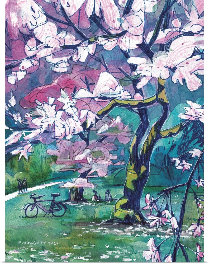 March is for cherry blossoms. Abstracted clouds of flowers hang above people having picnics and walking through the park. ...