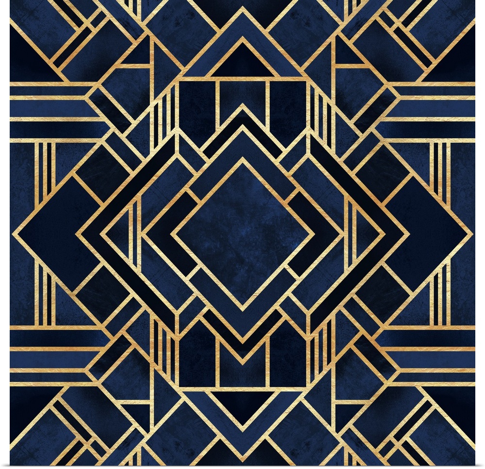 Symmetrical art deco design of dark blue shapes bordered with intricate gold lines