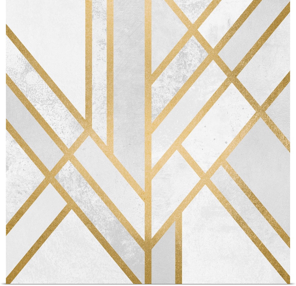 A simple art deco design in gold lines on a cream and marbled pale grey background