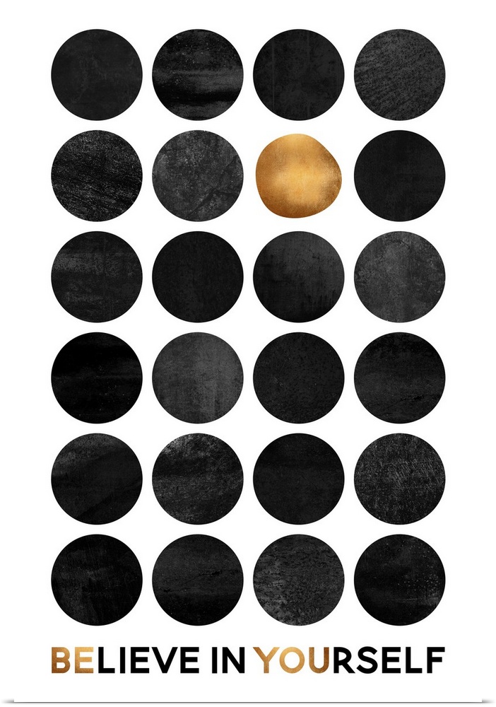 A grid of dark grey circles with one gold circle on a white background, with the words Believe in Yourself across the bott...