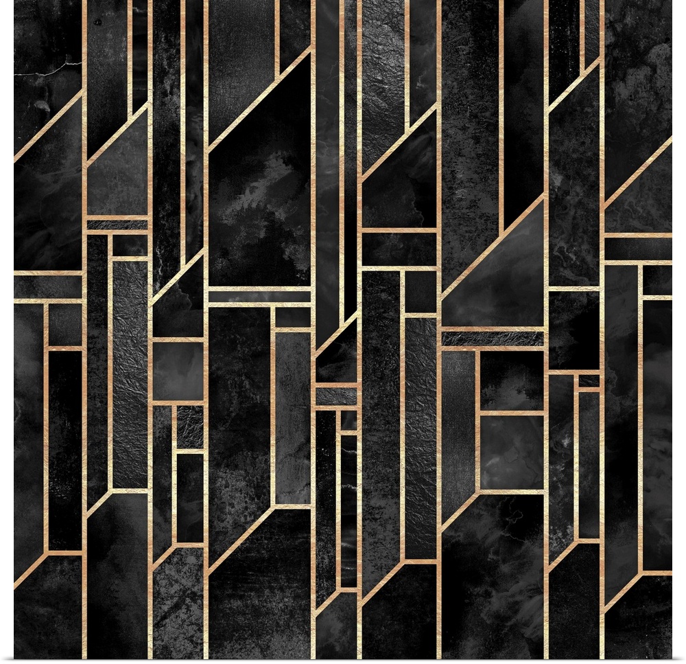 A contemporary, geometric, art deco design in dark shades of grey and black. The shapes are outlined in gold.
