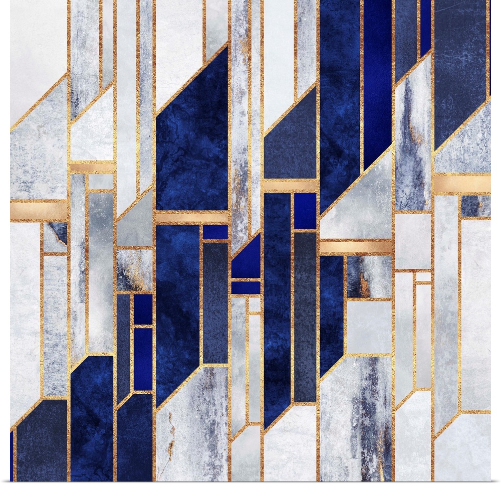 A contemporary, geometric, art deco design in shades of grey and blue. The shapes are outlined in gold.