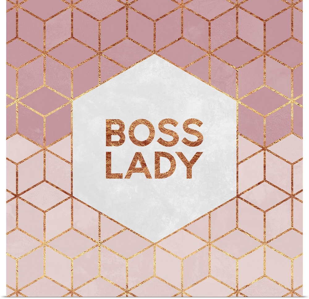 The words 'Boss Lady' in gold letters, centered on a white hexagon surrounded by rose pink diamonds forming a prism effect.