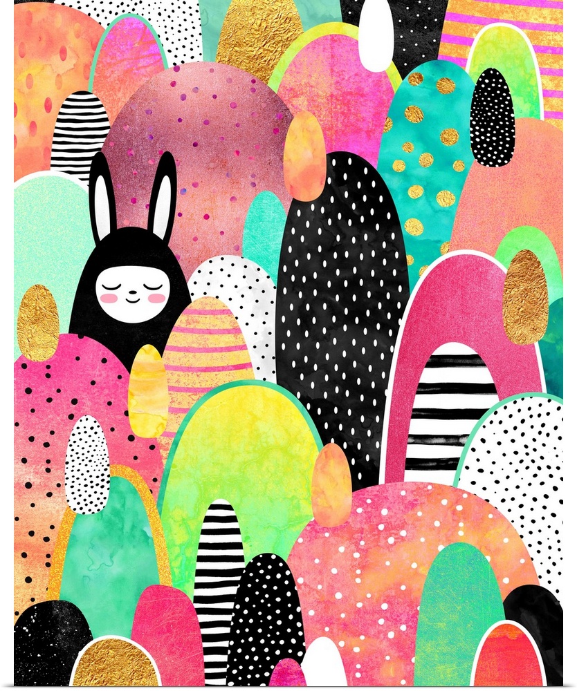Organic oval shapes in shades of pink, turquiose, black and white with gold accents. One of the shapes is a smiling bunny.